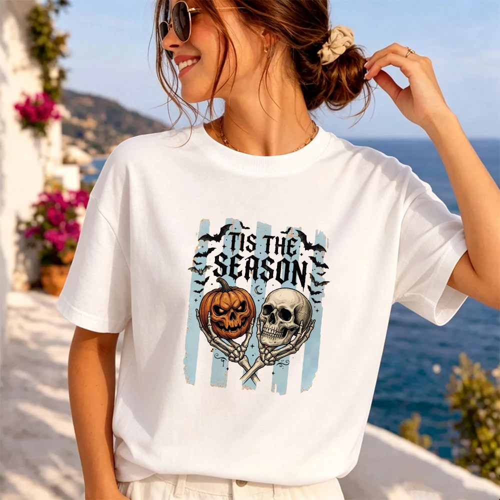 Skull Pumpkin Tis Season Women Grunge Halloween Graphic Shirt Spooky Skeleton Hand Top Haunted House T Shirt