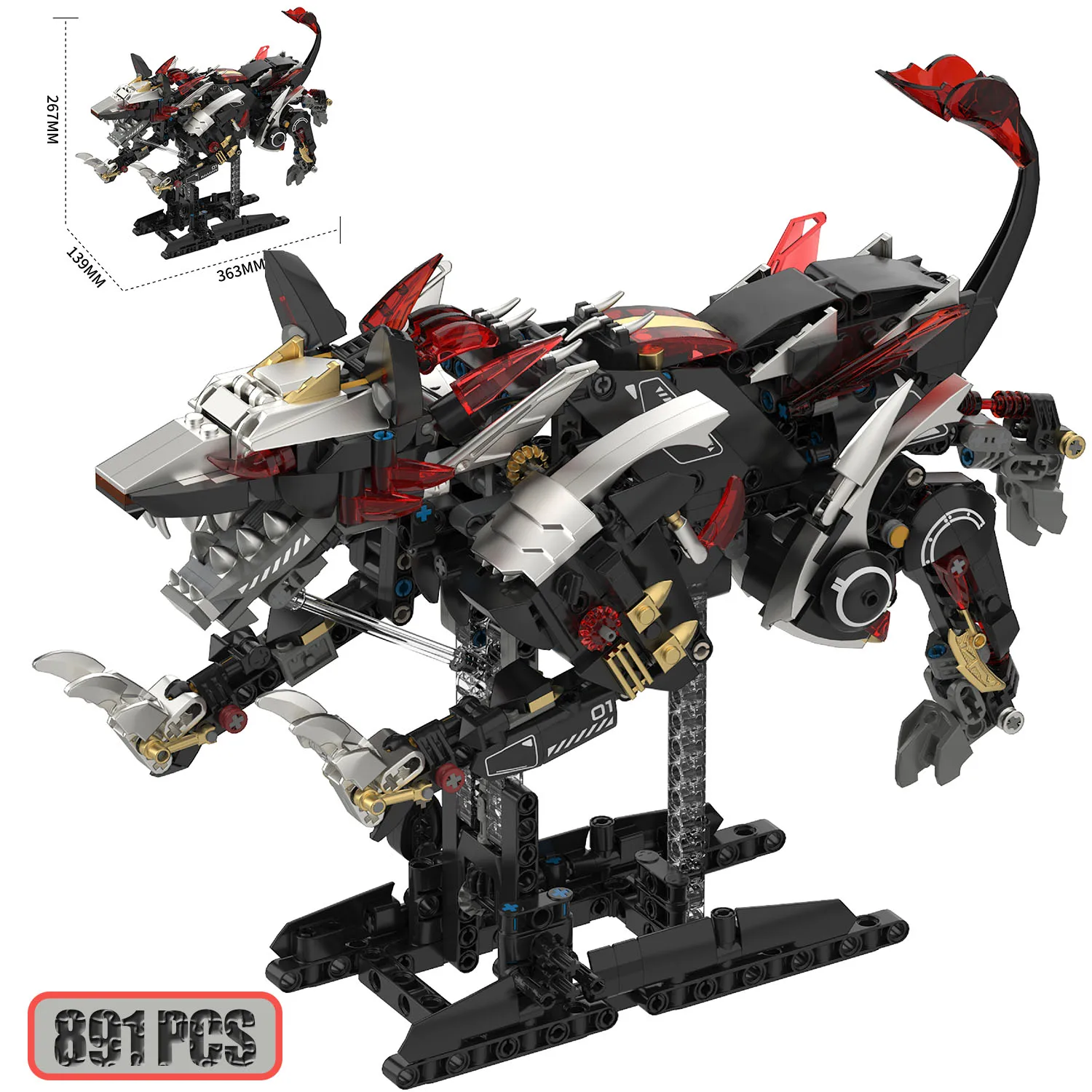 891Pcs Mechanical Wolf Building Blocks MOC Creative Decoration Model Bricks Educational DIY Assembly Hand Cranked Toys Gifts