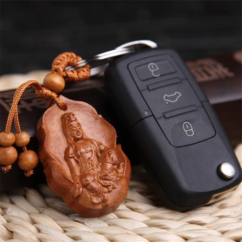 Natural wood mahogany three-dimensional engraving Guanyin barrel keychain Buddha key ring jewelry gift for men and women 1pc