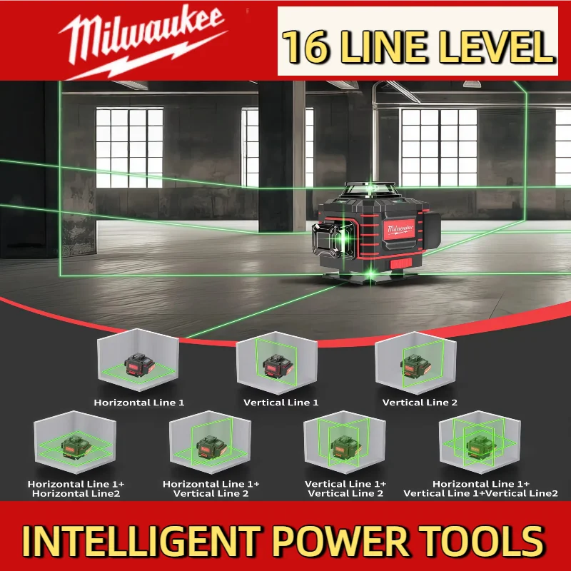 Milwaukee 16 Linien, 4 Seiten x 360 Grad, vertikal, 4,2 V, 3–4D-Laser, grüner Strahl, selbstnivellierendes vertikales Kreuzlinienlaser