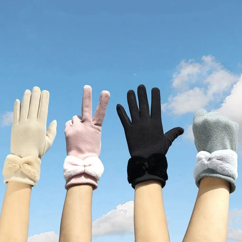 1pair Korean Version Cute Anti Cold Velvet Touchscreen Gloves Cycling Driving Gloves Women Autumn Winter Velvet Insulated Gloves