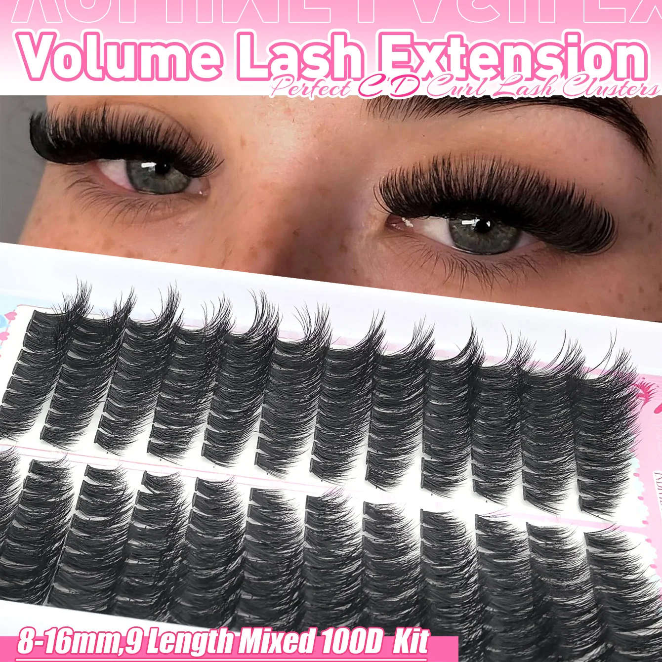 Individual Eyelash Extensions in C D Curl Clusters, Long and Extra Thick, Voluminous Style for DIY eyelash Extension