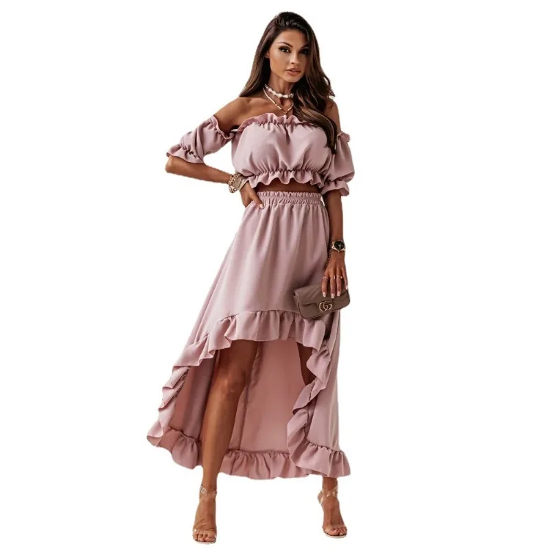 Fashion Y2K Casual Off Shoulder Crop Top Elastic High Waist Irregular Ruffle Long Skirt Women Sexy Two Piece Set Party Outfits