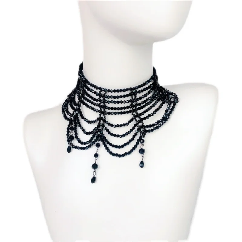 Necklace Women's Artificial Crystal Material Acrylic Handmade Beaded Court Vintage Woven Black Transparent Ribbon Tassel  Props