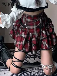 AltGoth Punk Gothic Red Plaid Skirt Women Vintage Y2k E-girl Emo Alt High Waist Cake Skirt Harajuku Fairycore Grunge Clubwear