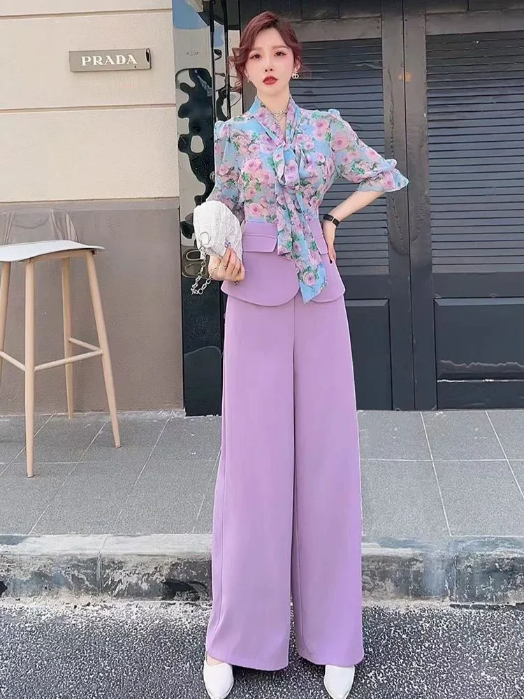 Summer 2024 Trousers Woman Splicing Shirt Holiday Outfits Blouse and Pant Sets for Women 2 Pieces Green with Sleeve Chic Elegant