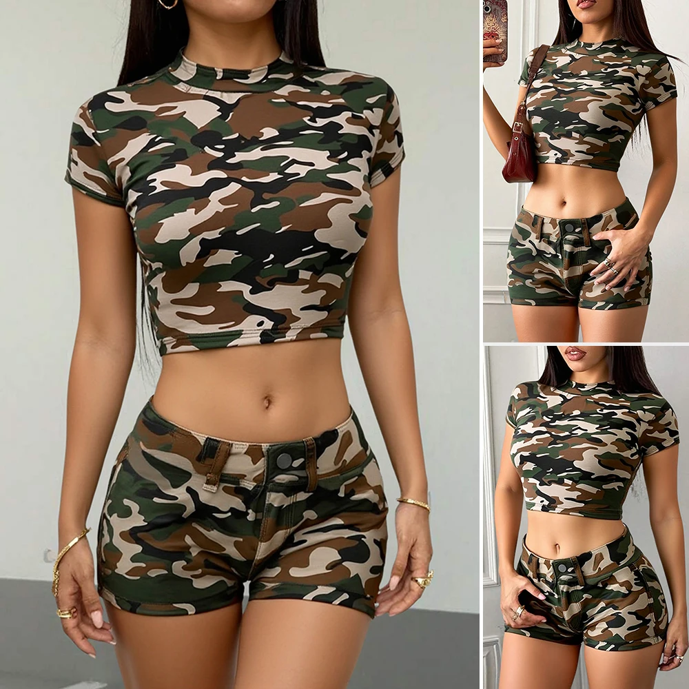 

Mia Muse Boutique летние комплекты в стиле милитари, камуфляжные футболки с короткими рукавами и круглым вырезом, шорты с низкой талией, повседневные женские шорты