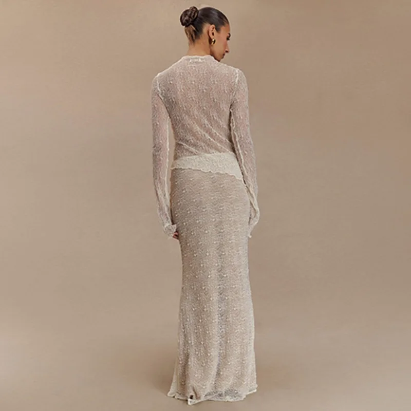 2025 T-shirt trasparente a maniche lunghe alla moda in due pezzi da donna nuova 2025, set gonna sexy slim fit da Europa e America