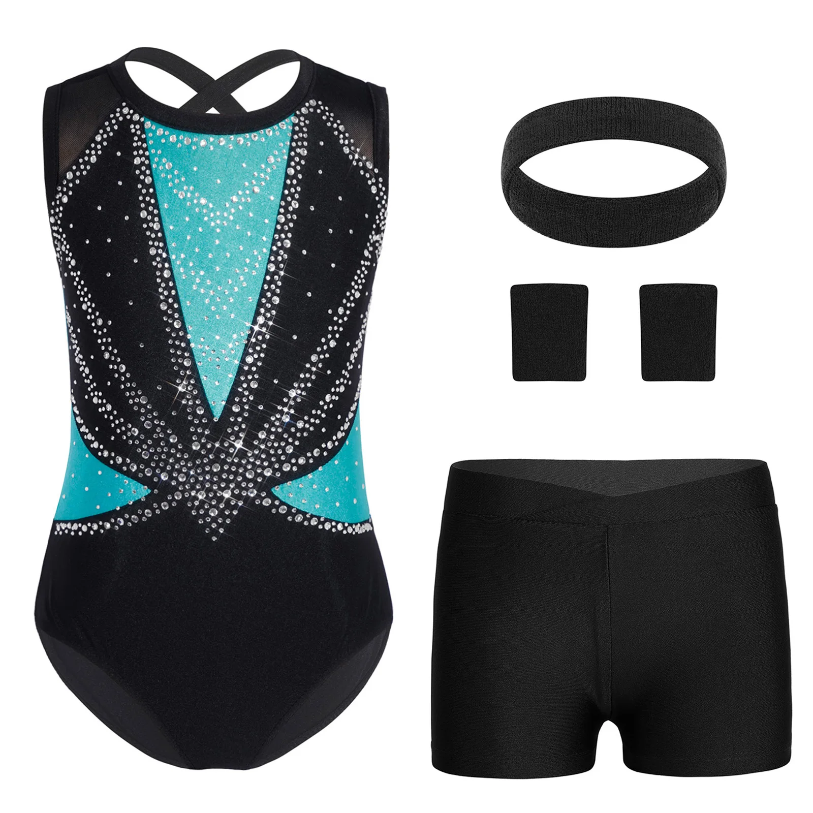 

Kids Girls Rhythmic Figures Skating Bodysuit Shorts Outfit Gymnastics Costume Dance Leotards Sports Set and Headband Wristbands
