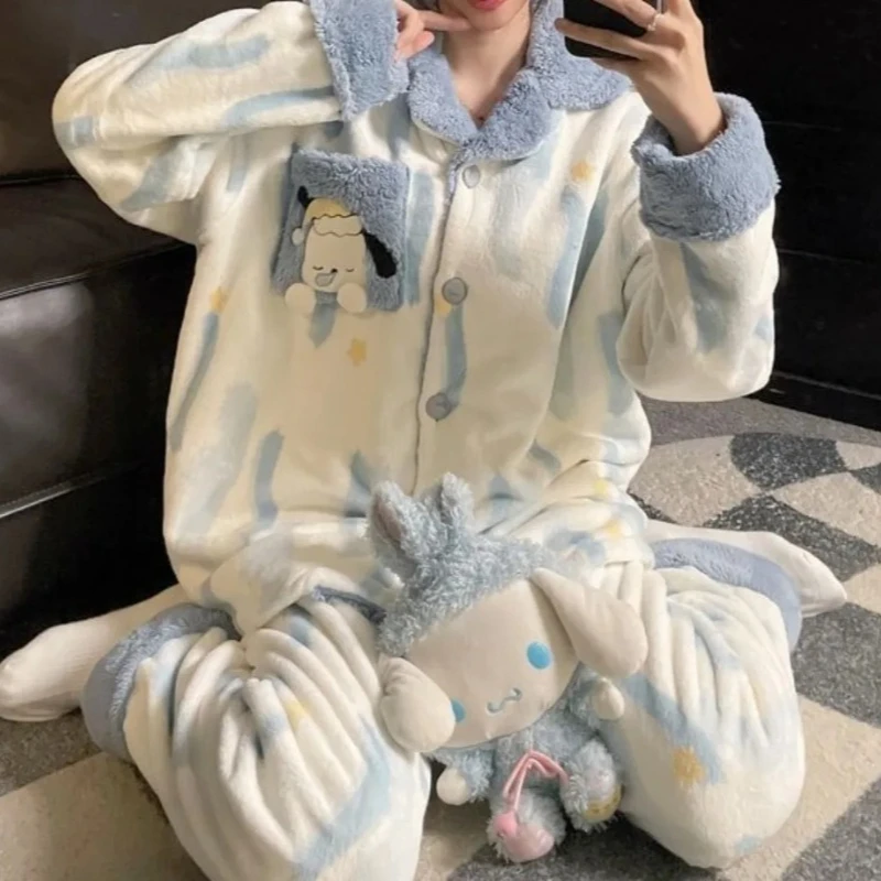 Pigiama in velluto corallo Pochacco di alta qualità Cute Cartoon Girls caldo autunno inverno set di vestiti per la casa per studenti grassi di grandi dimensioni
