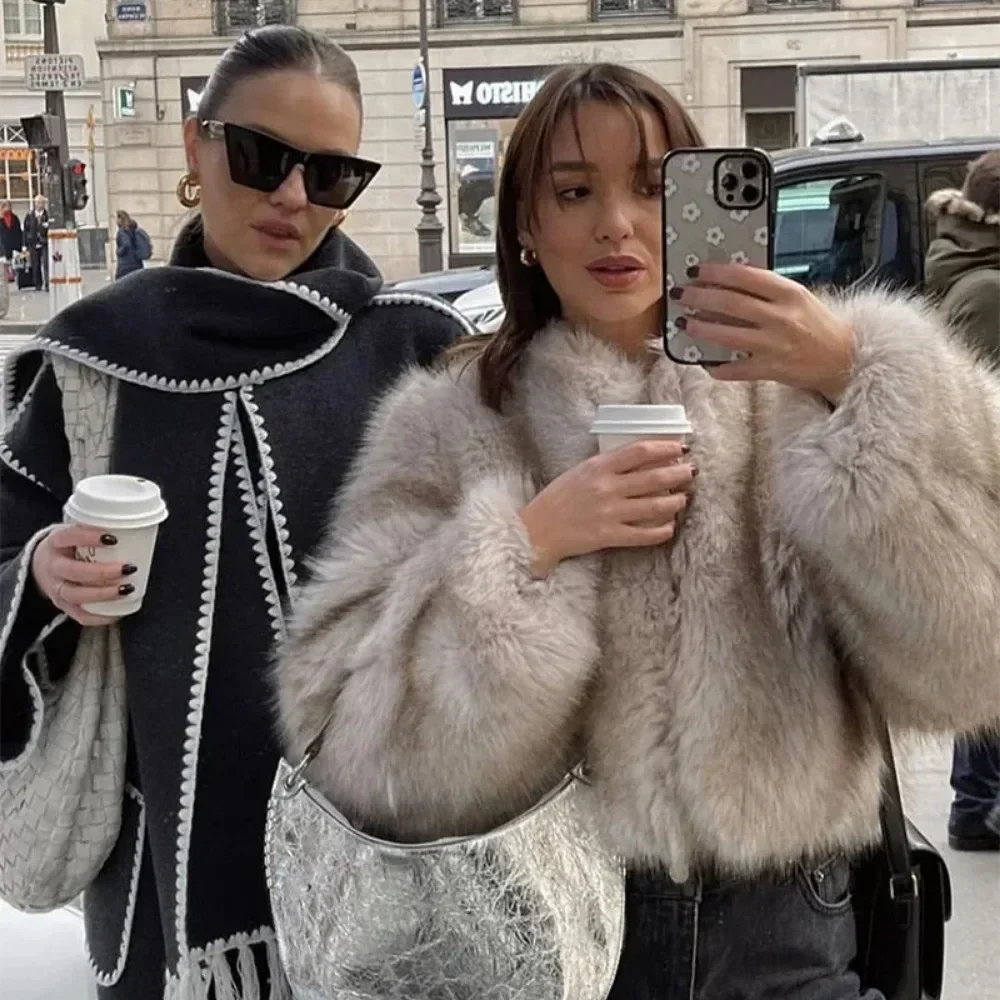 OFTBUY Faux Fur Jacket Women Street Fashion Week Luxury Brand Fur Coat Eco-friendly Gardient Cropped Winter Girls Fluffy Short