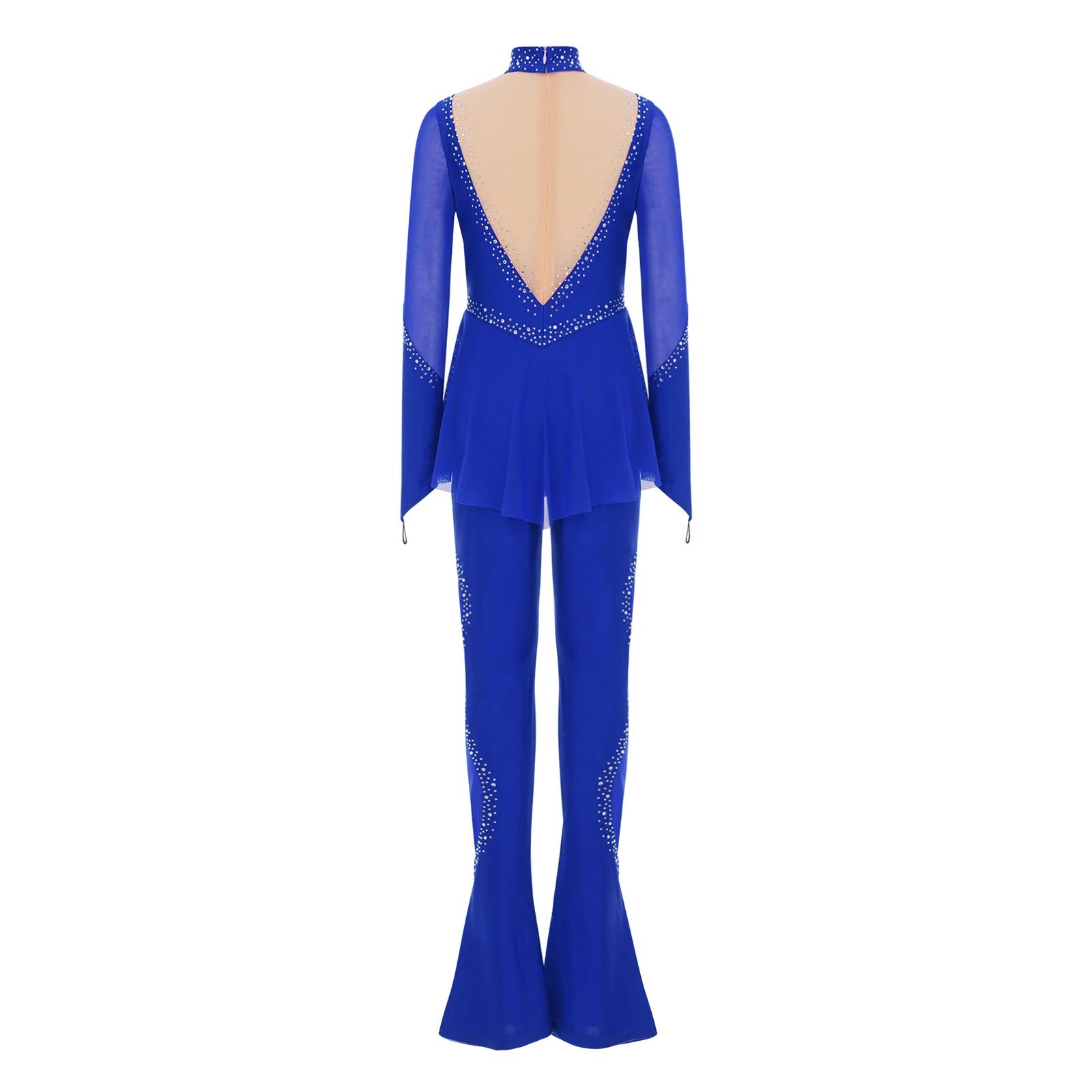 ชุดแสดงฟิกเกอร์สเก็ตสำหรับเด็กผู้หญิง ผ้าตาข่ายโปร่งประดับคริสตัล จั๊มสูทแขนยาว ทรงขาบาน ชุดรอมเปอร์สำหรับบัลเลต์และยิมนาสติก