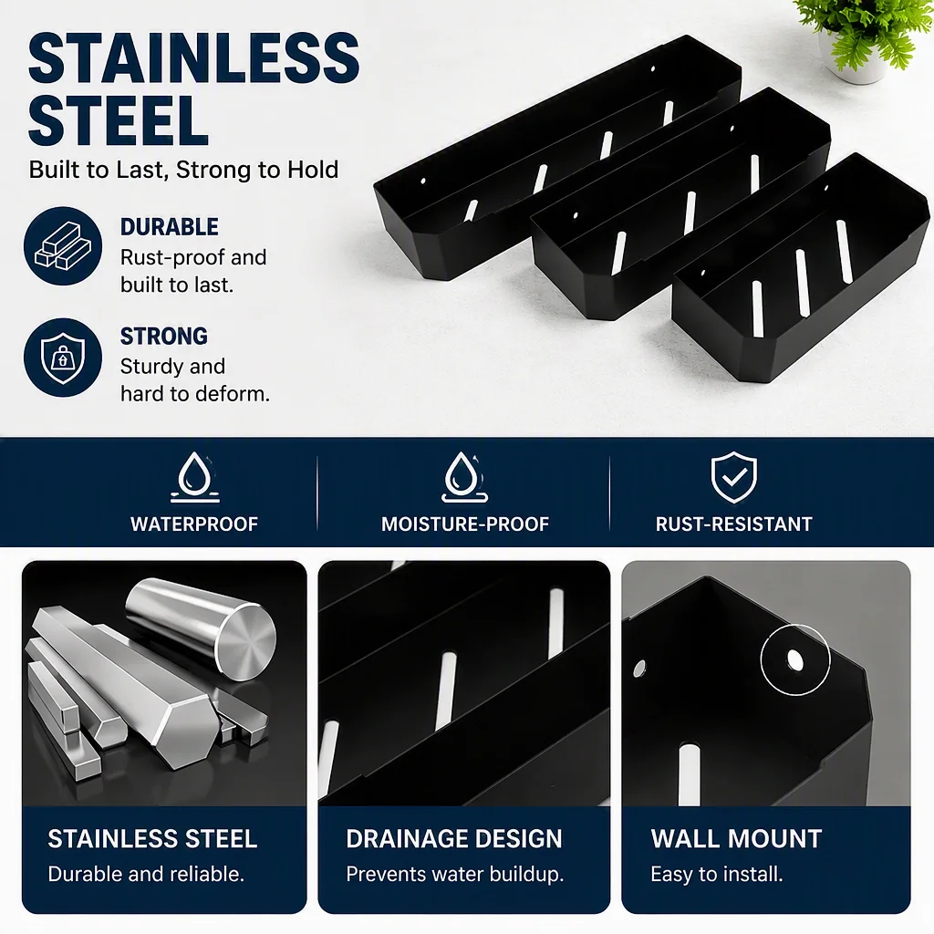 Stainless Steel No Drill Spice Rack, Wall Mounted Single Layer Seasoning Organizer for Kitchen, Adhesive Bathroom Storage