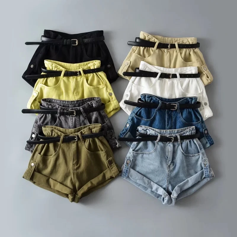 Shorts jeans femininos com cintura franzida e bainha enrolada