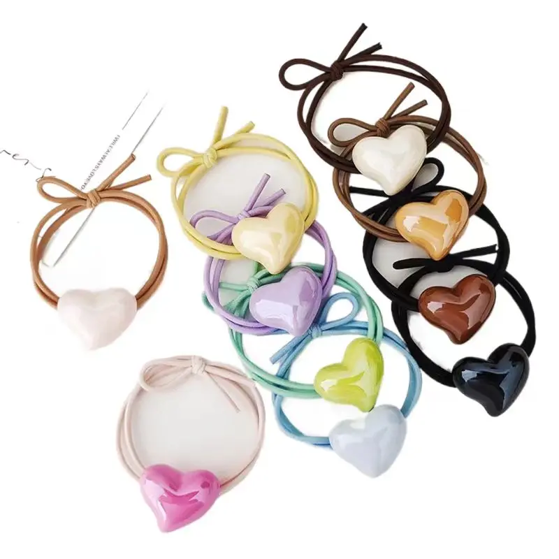 Retro Heart Elastic Hair Bands Ties Women Girls Pendeant Ponytail Holder Bright Colorful Scrunchy Rubber Band Hair Accessories