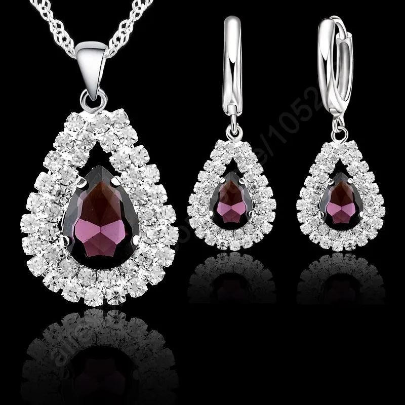 Fast Shipping 925 Sterling Silver Purple Crystal Pendant Necklace Hoop Earring Set Ear Leverback Necklace 18