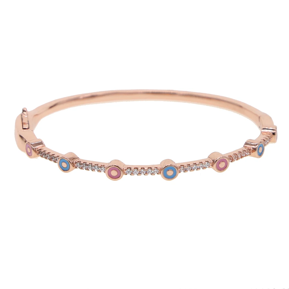 Geomtric Round Charm Rose Gold Color Bezel Setting Sparking Tiny CZ Zircon Crystal Delicate Red Blue Evil Eye Bracelet For Women