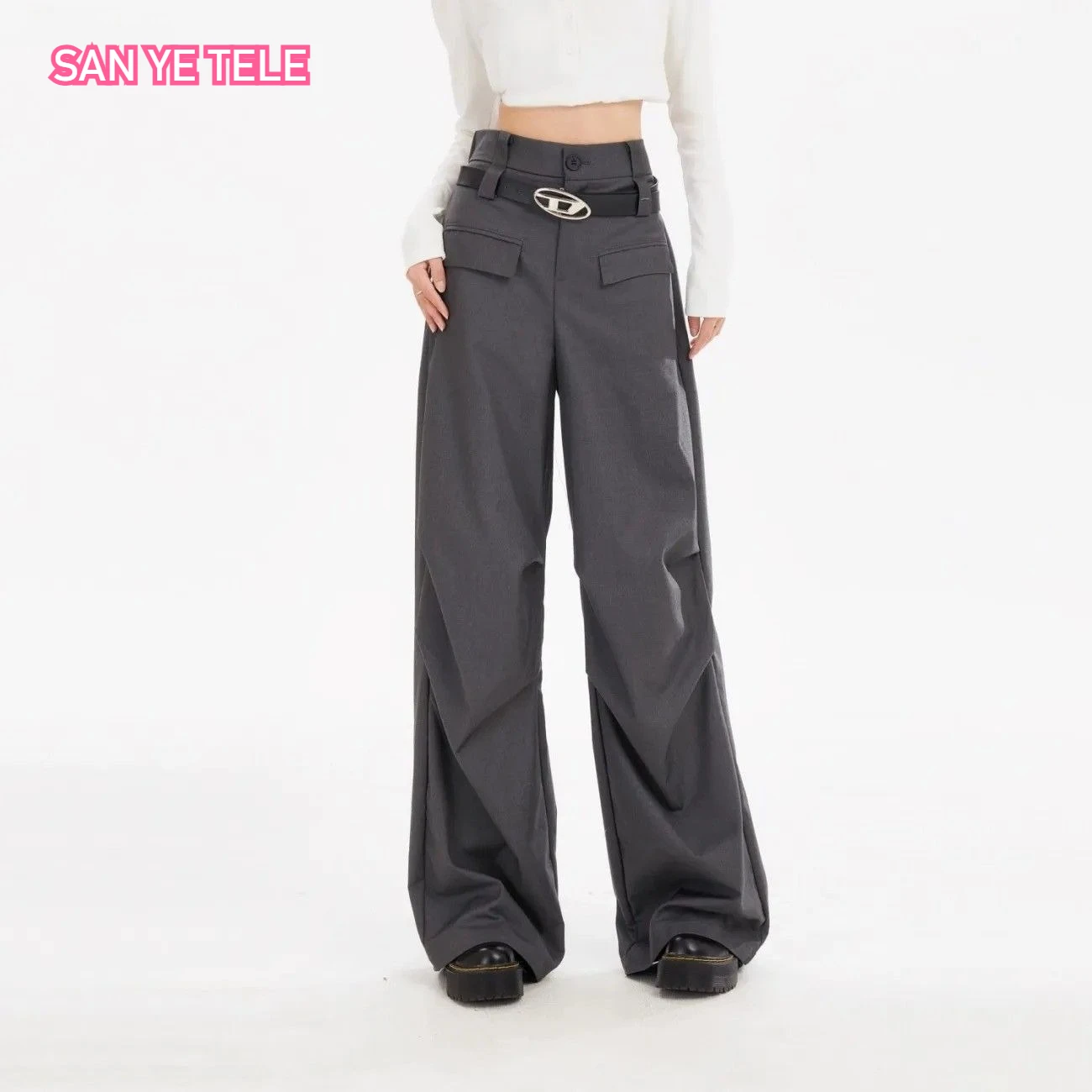 Wrinkled Silhouette Drape Suit Pant Women New High-end Gray Wide Leg Casual Korean High Waist Fashionable Loose Trousers