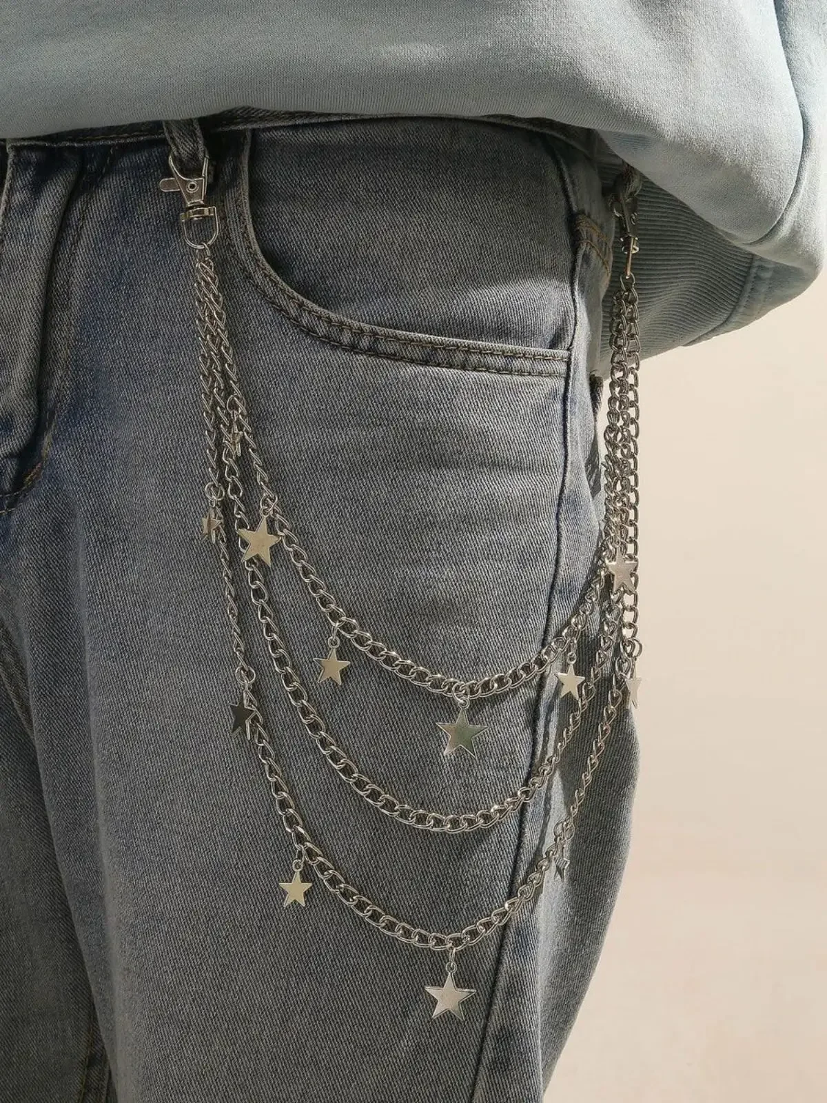 Men Y2k Star Charm Layered Street Style Pant Jeans Chain Belt