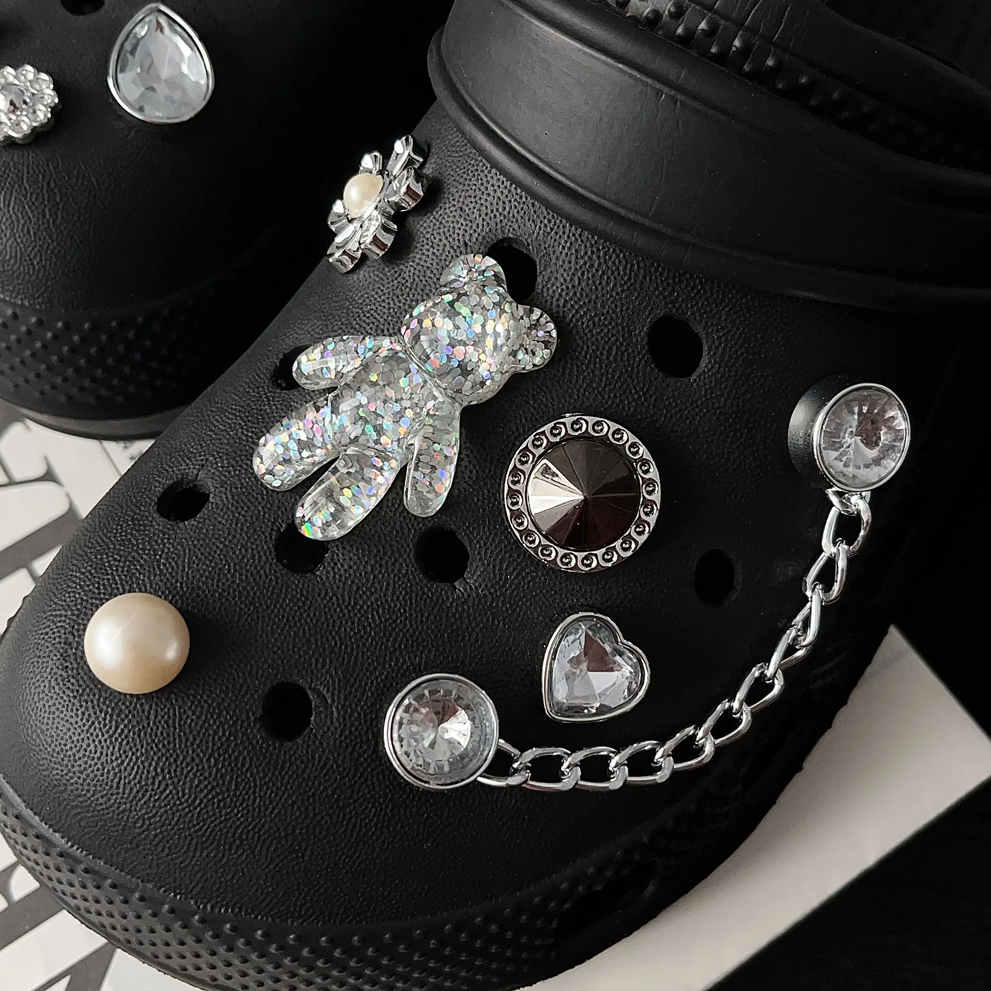 Shining Bear Pearl Strass Chain Set Schoenbedels voor Crocs Tuin Sandalen Slipper Accessoires Klompen Pins Decoratie Meisje Cadeau