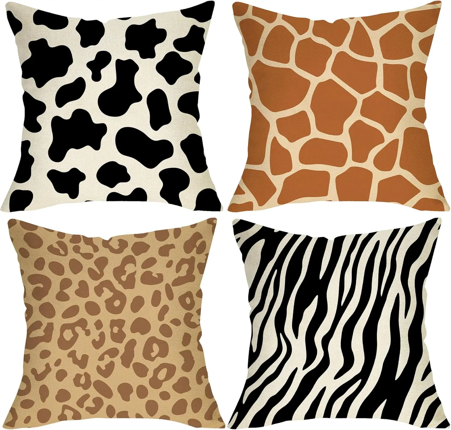 4Pcs Mixed Animal Print Throw Pillow Covers Cow Giraffe Leopard Zebra Cushion Cases for Living Room Bedroom Sofa Home Ornament
