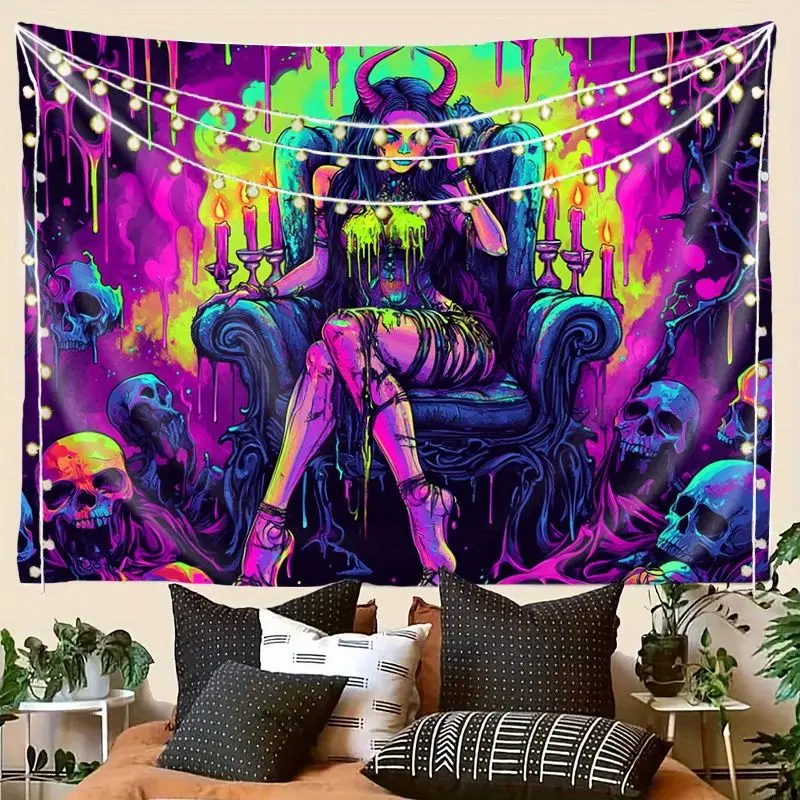 VIKAMA Cyberpunk Horror Queen Luminous Tapestry, Fluorescent Wall Hanging, Bedroom Game Room Wall Decor for Room