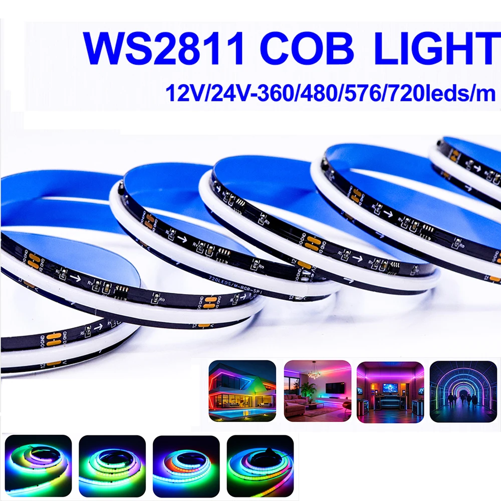 FOB COB Dream Color LED Strip WS2811 SPI Individually Addressable RGB Tape 5V/12V/24V 360-720 LEDs High Density No Dark Spot Fle