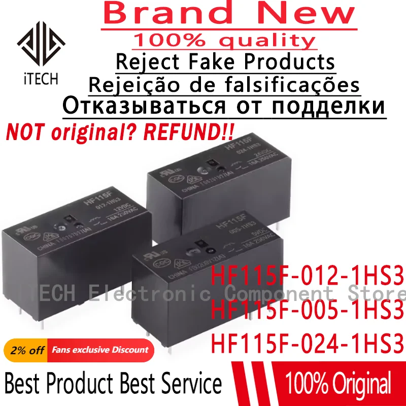 5Pcs HF115F JQX- HF115F-005 012 024-1HS3 6PIN 16A HF115F-005-1HS3 HF115F-012-1HS3 HF115F-024-1HS3 5V 12V 24V Power Relay