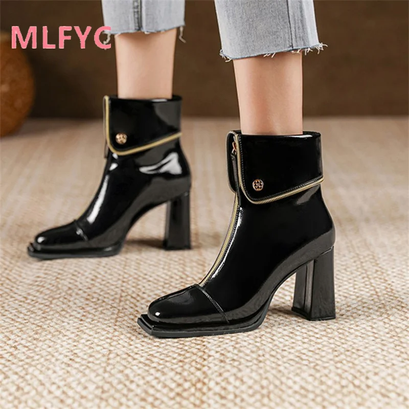 

Fashion Boots Female 2023 Autumn New Thick Heel Female Short Boots British Style Front Zipper Casual High Heel Boots Female