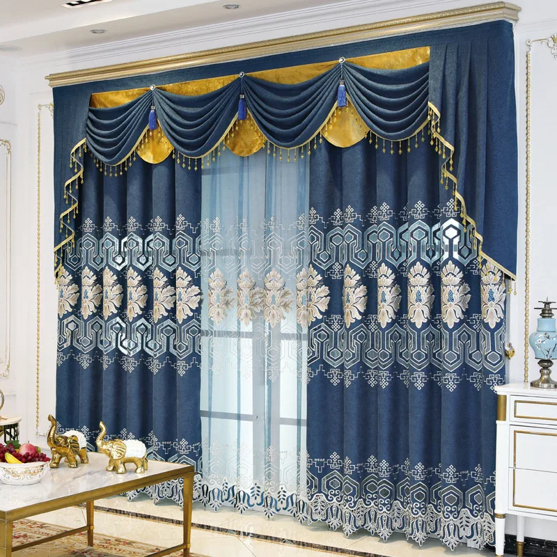 

Custom curtain European atmosphere living room embroidered chenille blue cloth blackout curtain tulle valance drape C1485