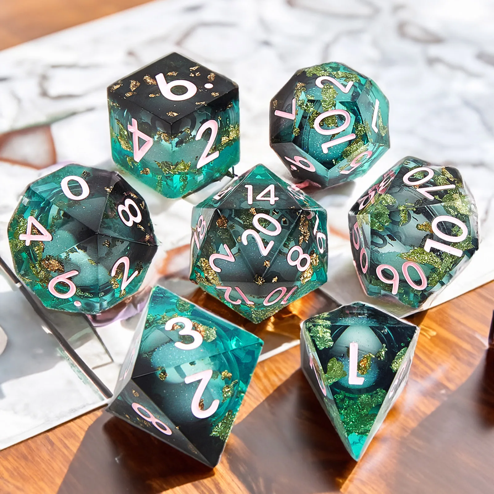 DnD Dice Set - 7 Sharp Edge Resin Dice, Handmade Black Green D&D Dice for Dungeons and Dragons, RPG Games, Polyhedral Dice