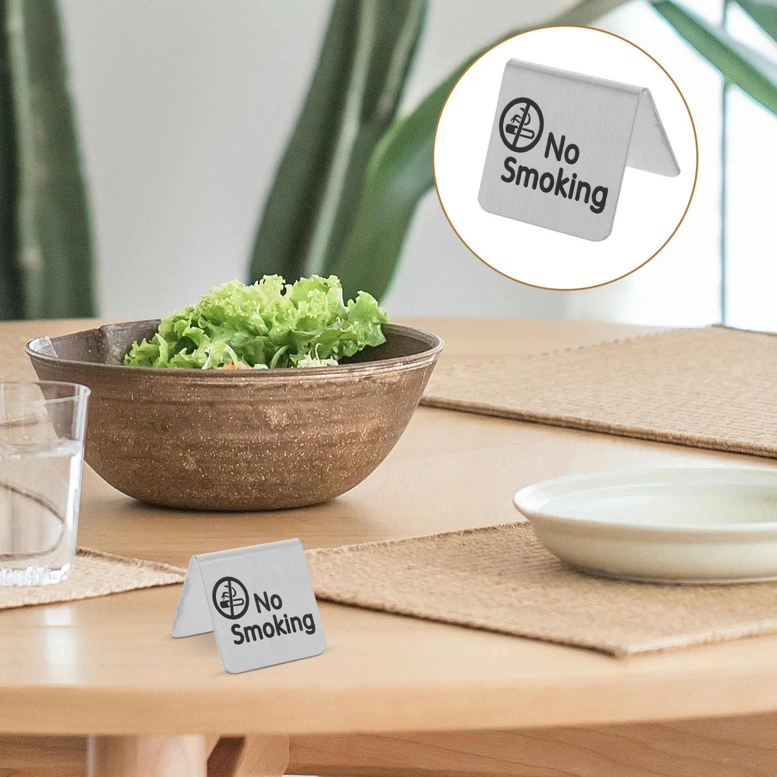 

2Pcs Double Sided Stainless Steel No Smoking Table Sign Reserved Card Tent Restaurant Office Hotel Business Desktop Indicator