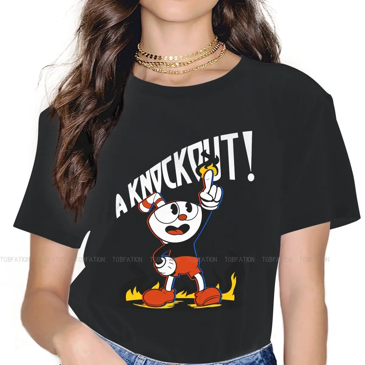 Cuphead Mugman Game Women T Shirt It's A Knockout Female Tops Harajuku Funny Tees Ladies 5XL Cotton Tshirt