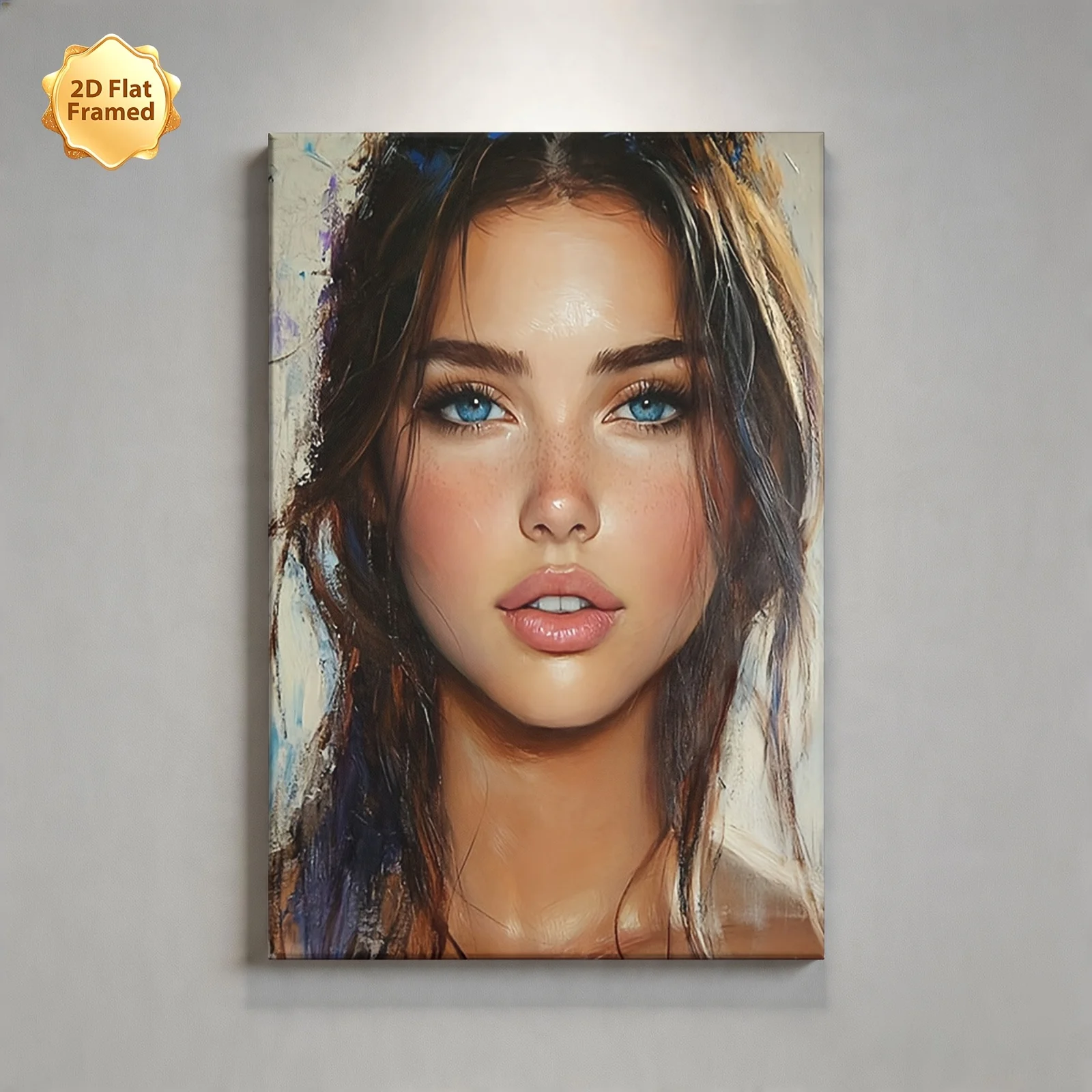 (No frame)2D Flat, 1pc Framed Blue-Eyed Freckled Girl Portrait Oil Painting - Modern Suitable for, Wrap-Around Canvas Frame w