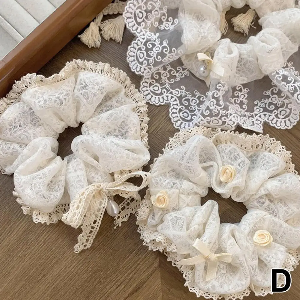 Ikat Rambut Elastis Bunga Mawar Mutiara Renda Perancis untuk Wanita Ikat Rambut Ikat Rambut Putih Krem Aksesori Rambut Ekor Kuda Q5R5