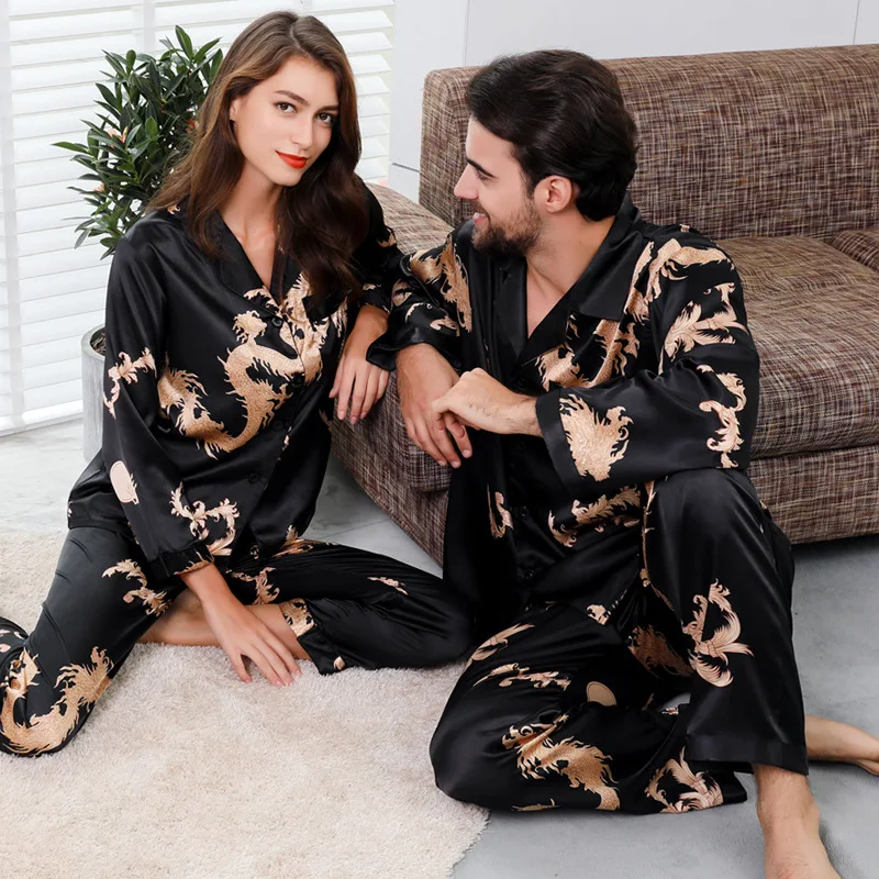 

Chinese style Couple Thin Long Sleeve Nightgown Print Silk Satin Pajamas for Men Sleepwear Mens Pajama Set and Women Pajamas Set