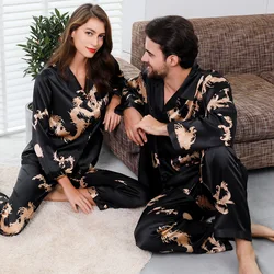Chinese style Couple Thin Long Sleeve Nightgown Print Silk Satin Pajamas for Men Sleepwear Mens Pajama Set and Women Pajamas Set