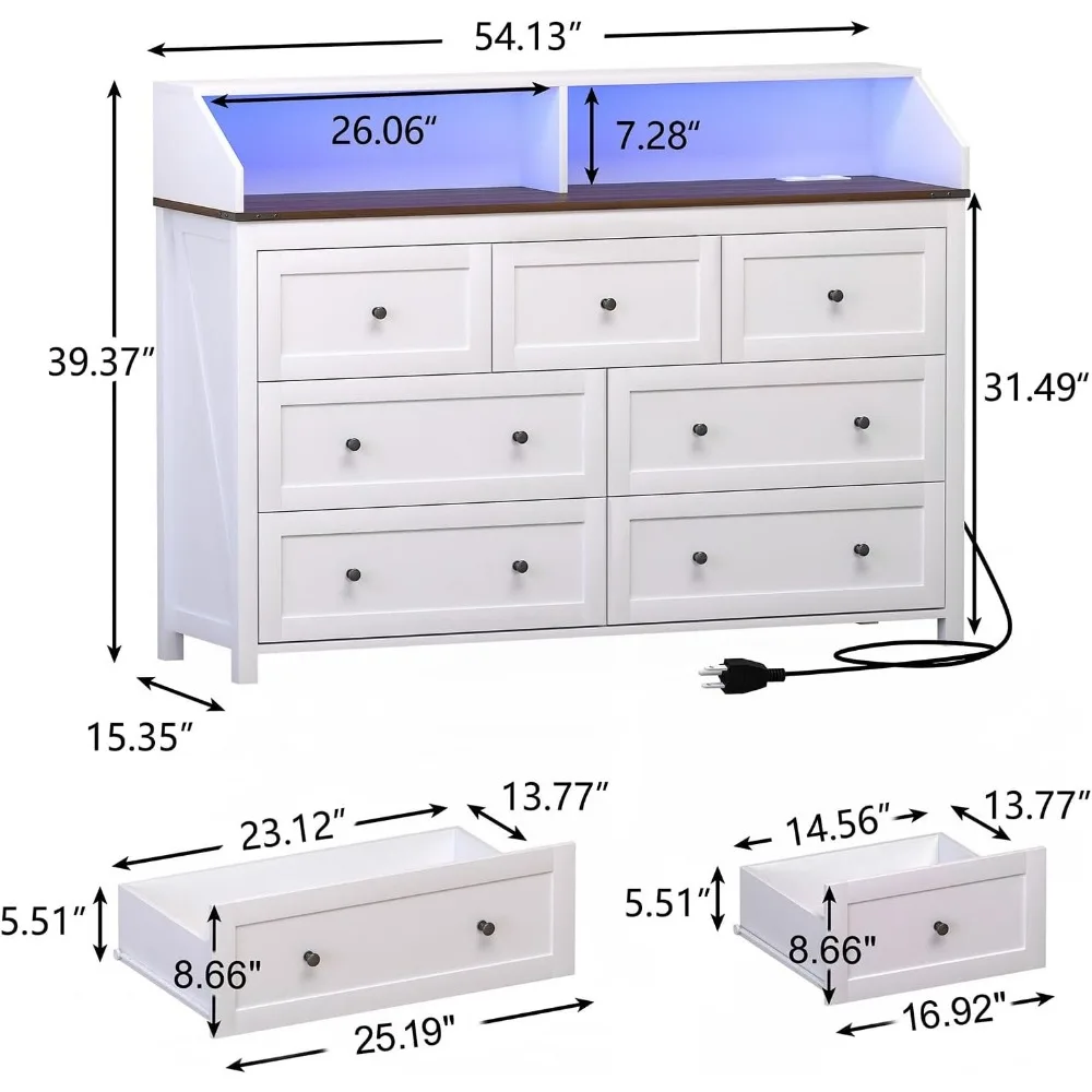 LED Dresser with Charging Station, 7 Drawer Dresser for Bedroom,Chest of Drawers with RGB Lights, Wood Dresser with Deep Drawers