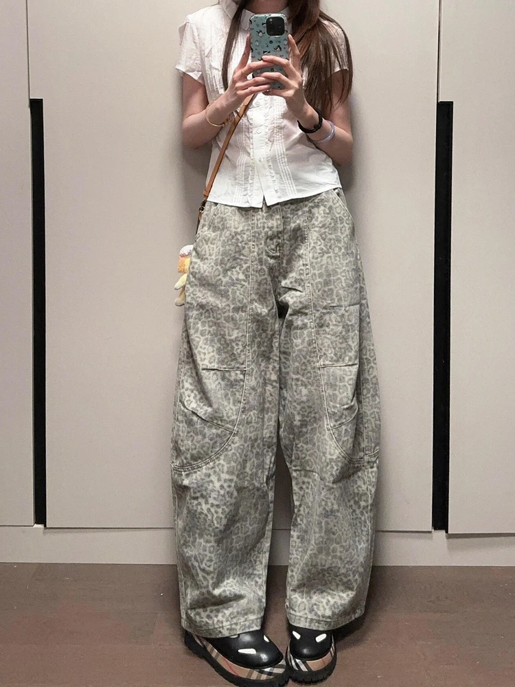 American Retro Leopard Print Wide Leg Jeans Women's Summer New Lazy Style Loose Slimming Floor-Length Pants Knife Split