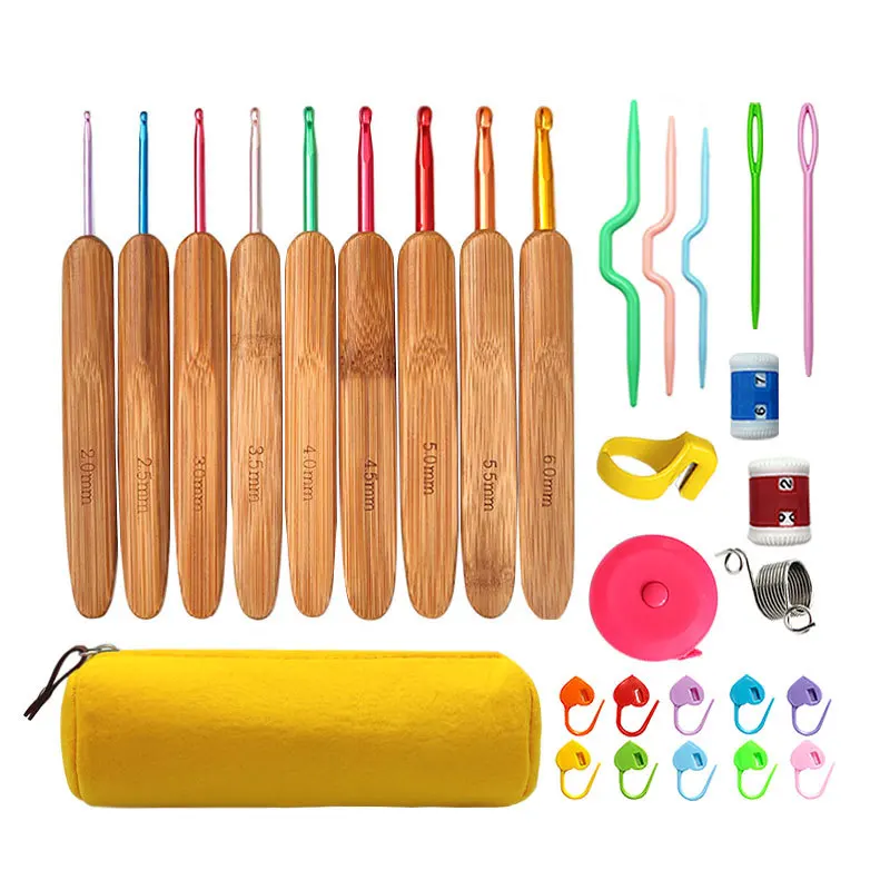 30Pcs/Set  2-6mm Bamboo Wooden Handle Small Size Crochet Hook Set Knitting Needles Handle Ergonomic Smooth Weave Craft Tool