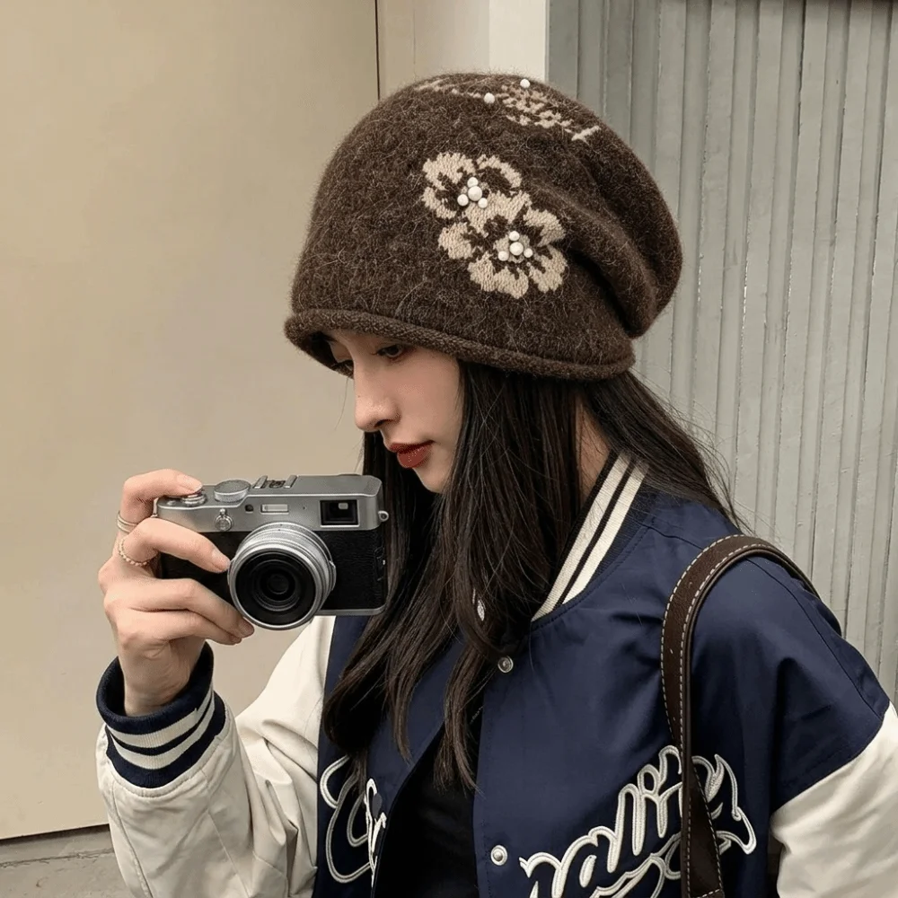 Ear Protection Floral Slouchy Beanie Stretchy Windproof Fall Winter Cold Hat Knitted 56-58CM Flower Pattern Knitted Pile Cap