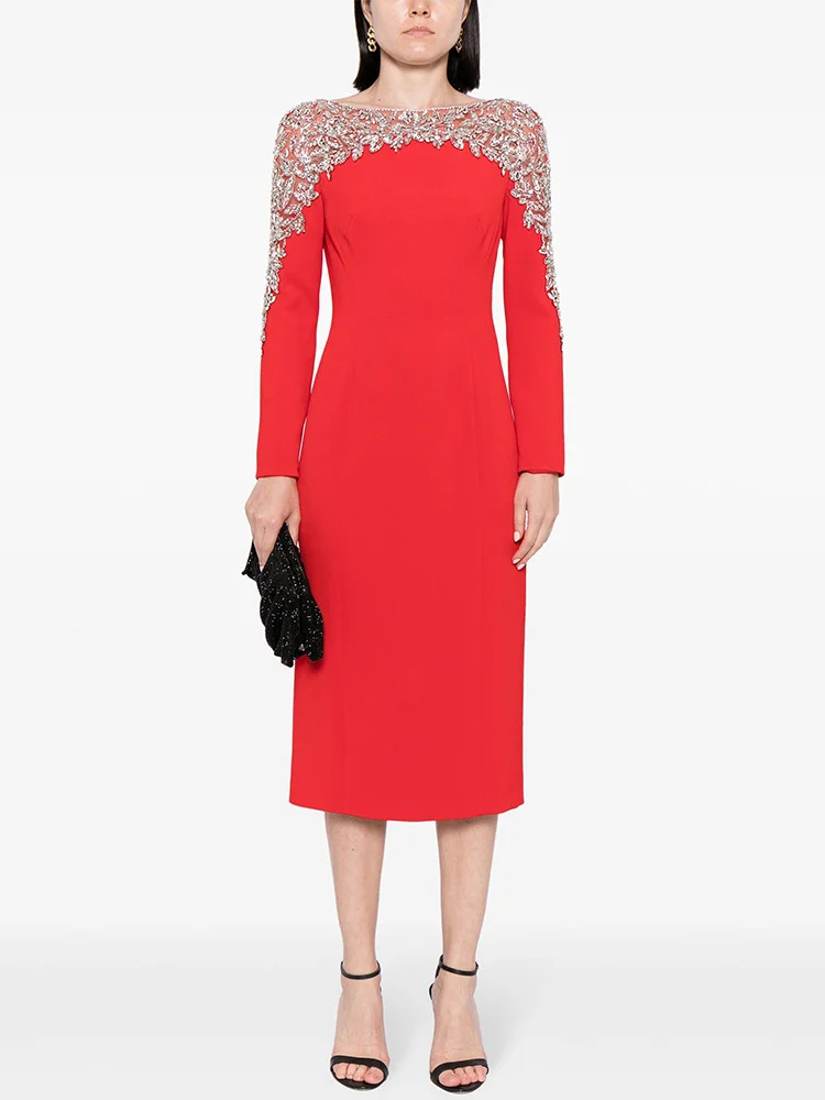 

HIGH STREET Newest 2025 Designer Fashion Women's Spliced Mesh Diamonds Beaded Long Sleeved Dress
