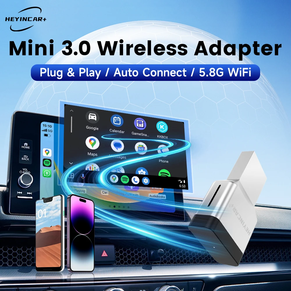 HEYINCAR Mini 2 in 1 Wireless CarPlay Android Auto Adapter Plug and Play Fast Connect USB/Type-C Dongle for Benz Audi Toyota