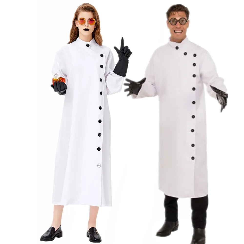 Disfraces de científico loco para hombres y mujeres, disfraz de Halloween para adultos, abrigo largo blanco, vestido de juego de rol para fiesta de enfermera y Doctor