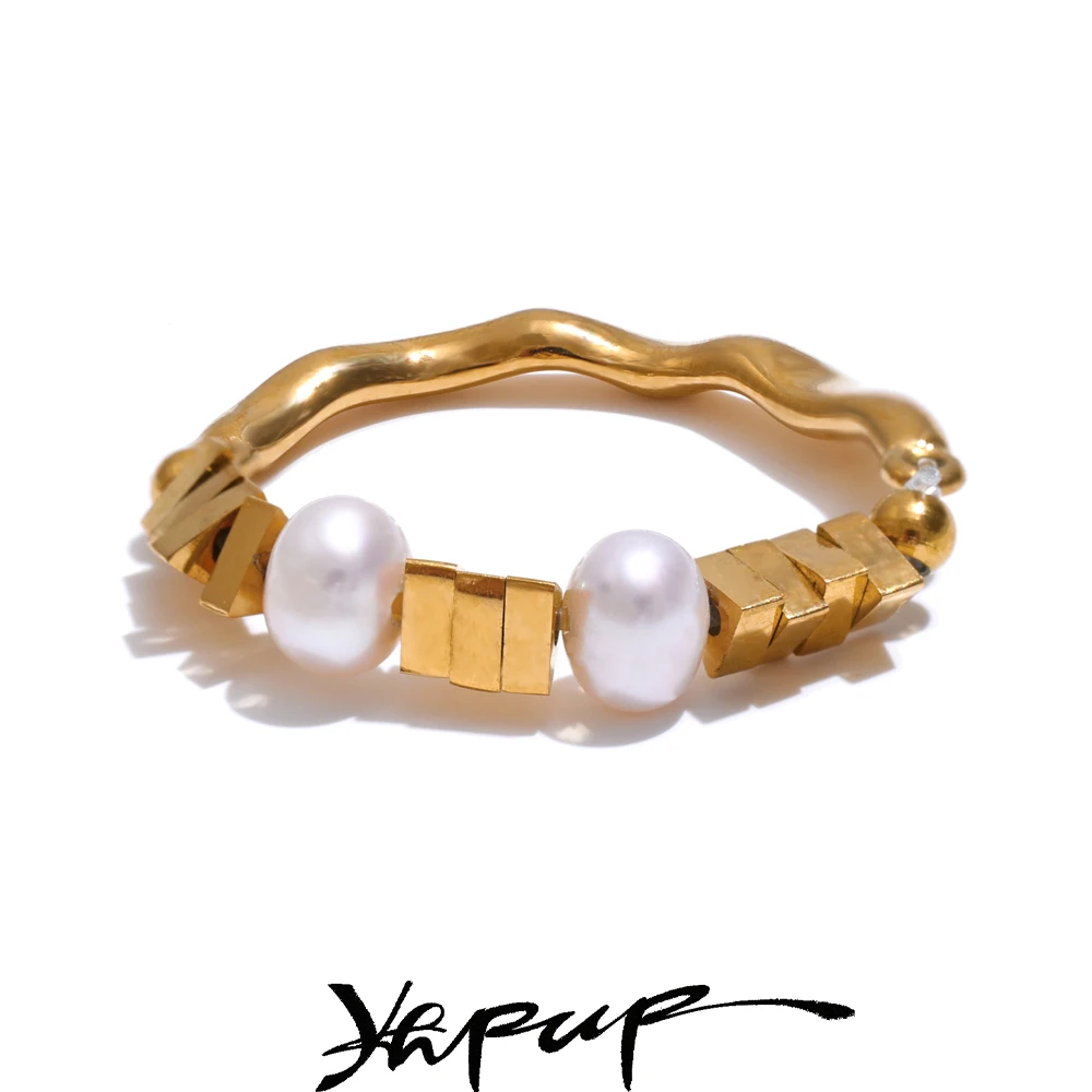 Yhpup Paslanmaz Çelik Doğal Inci Esneklik Altın Yüzük Ayarlanabilir 18 K Altın PVD Kaplama Moda Charm Takı Suya Dayanıklı