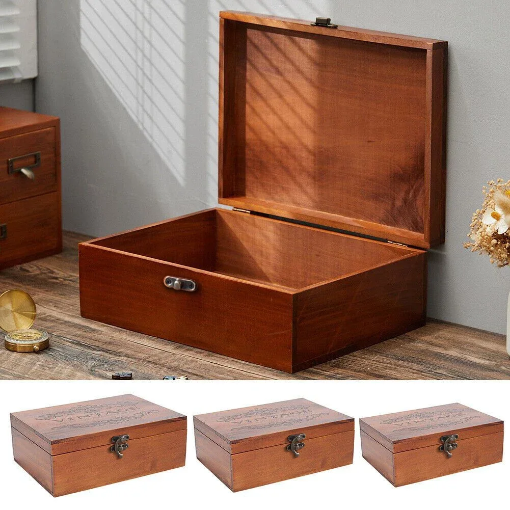 Retro Wooden Storage Box Plain Wood With Lid Multifunction Hinged Boxes Gift Packing Jewelry Case Box Home Sundries Storage Box