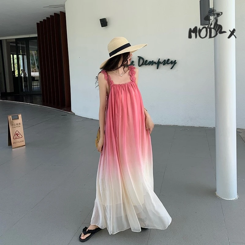 Modx 2024 Explosieve Reis Foto Bali Strandjurk Vakantie Slip Lange Jurk Roze Gradiënt Chiffon Jurk Super Fee Hot Nieuw