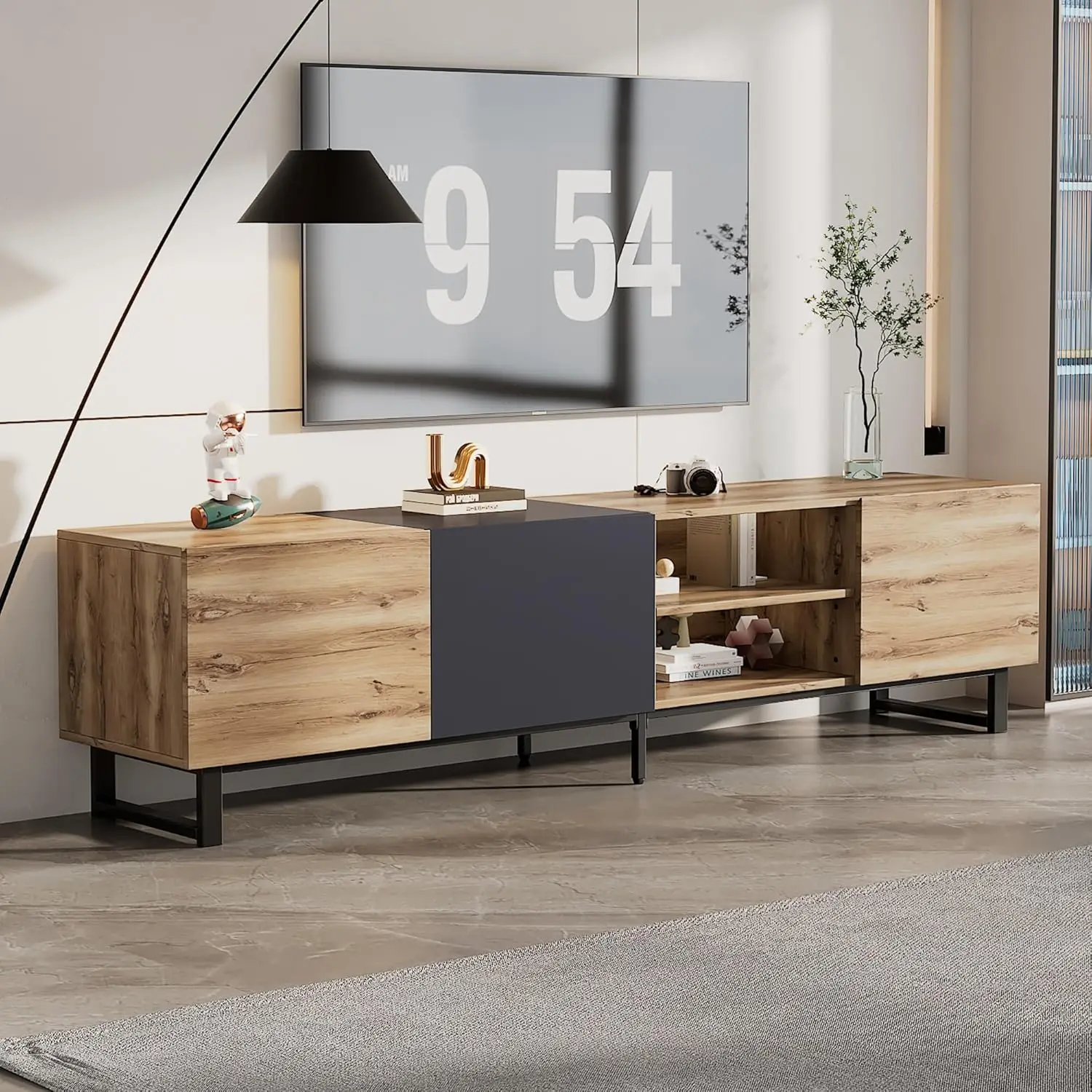 Modern TV Stand with 3 Cabinets & Open Shelves, Minimalist Wooden Entertainment Center for TVs Up to 80”