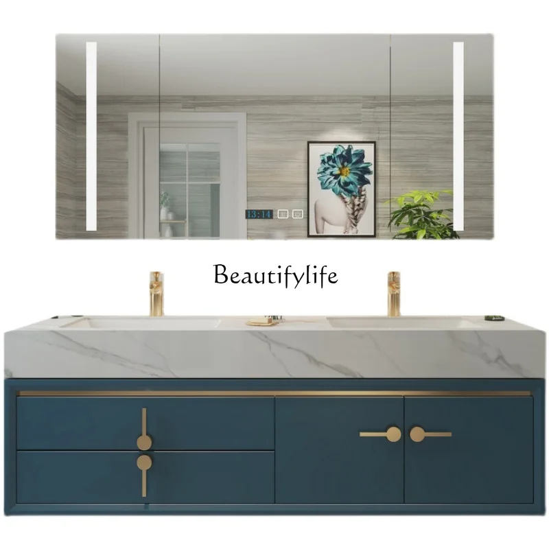 

Solid wood light luxury bathroom cabinet double basin sink integrated basin cabinet combination double rock slab