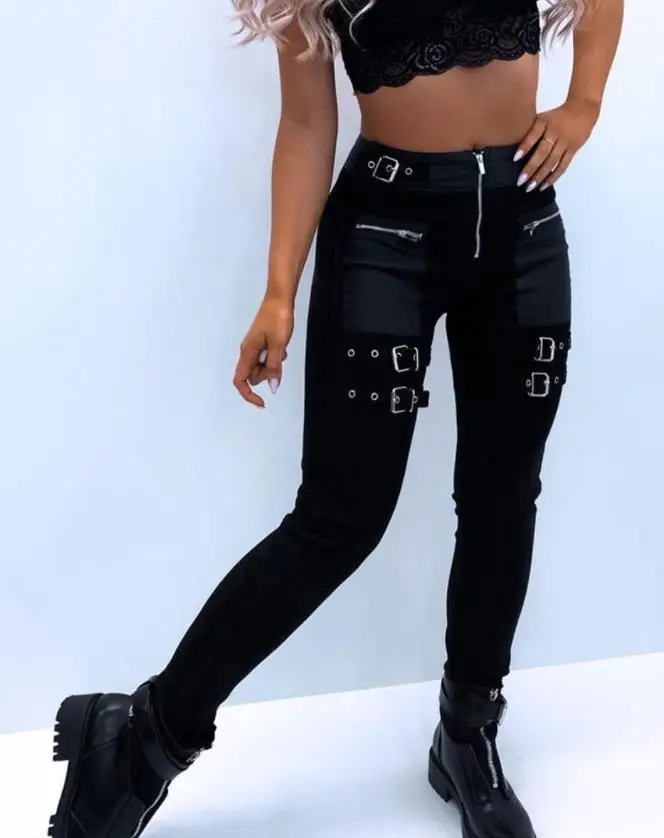 Pants Women 2022 Autumn Eyelet Buckled High Waist Zipper Design Skinny Long Pants All-Match Female YK2